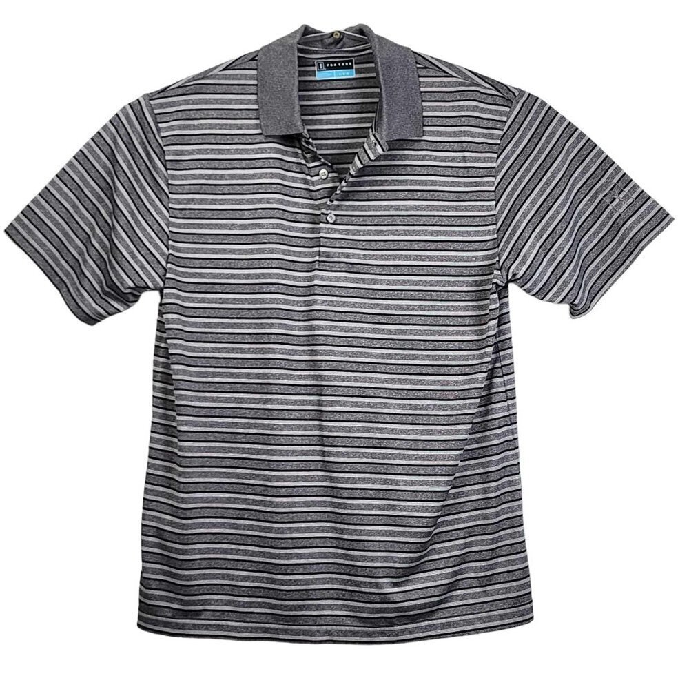 PGA Tour Mens Gray Black Striped Short Sleeve Golf Polo Shirt Large L